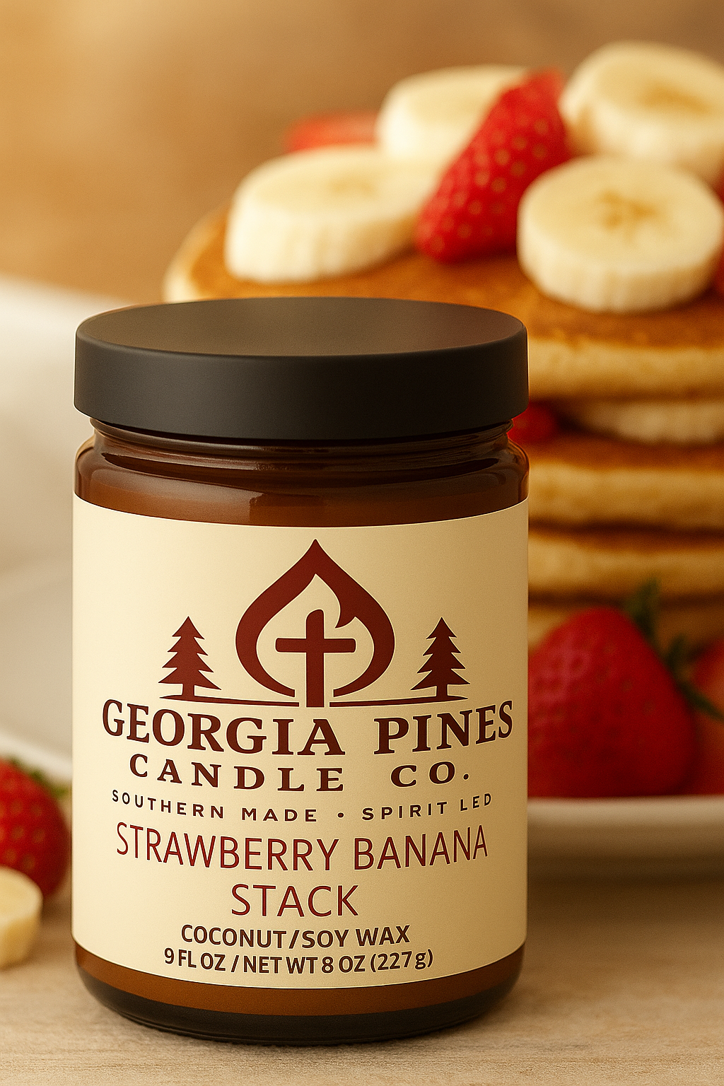 “Strawberry Banana Stack candle by Georgia Pines Candle Co. in amber jar with black lid, featuring a cream label and background of pancakes topped with strawberries and bananas.”