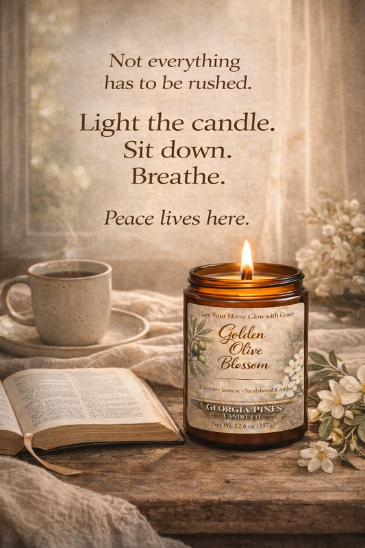 Candle with a quote on a table with a cup, book, and flowers.