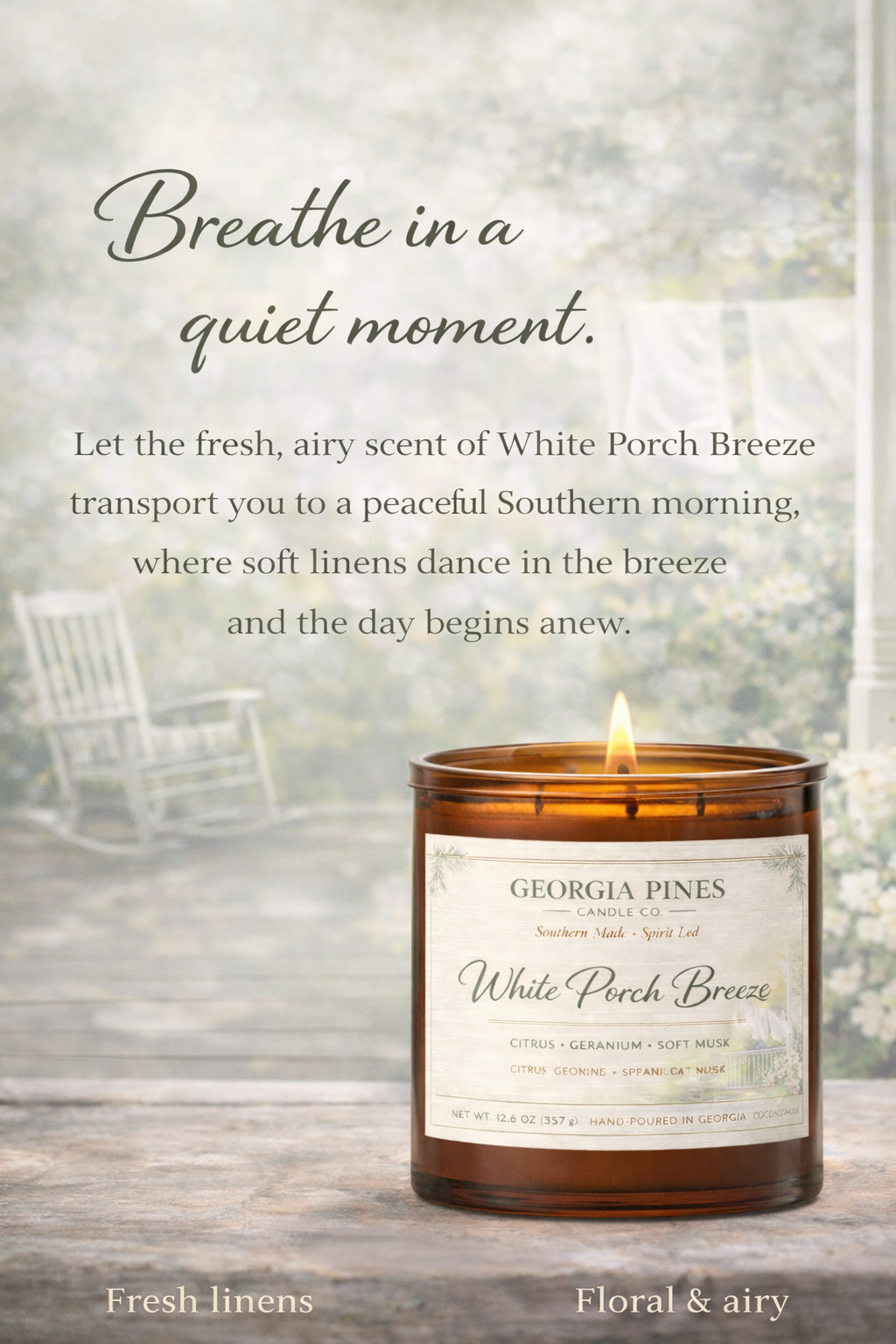 Candle labeled 'White Porch Breeze' with a scenic background