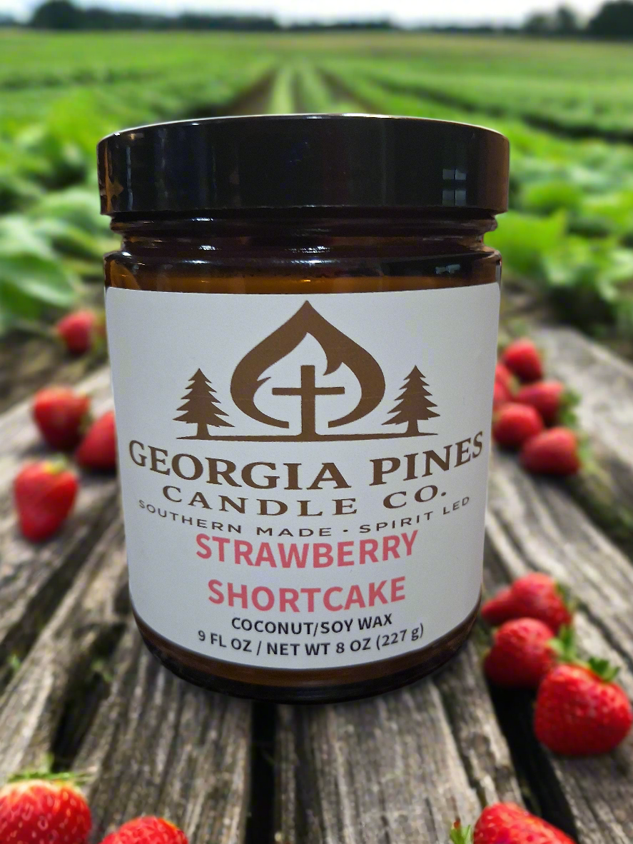 Strawberry Shortcake scented candle in amber jar with wood wick, hand-poured by Georgia Pines Candle Co., Southern Made Spirit Led.