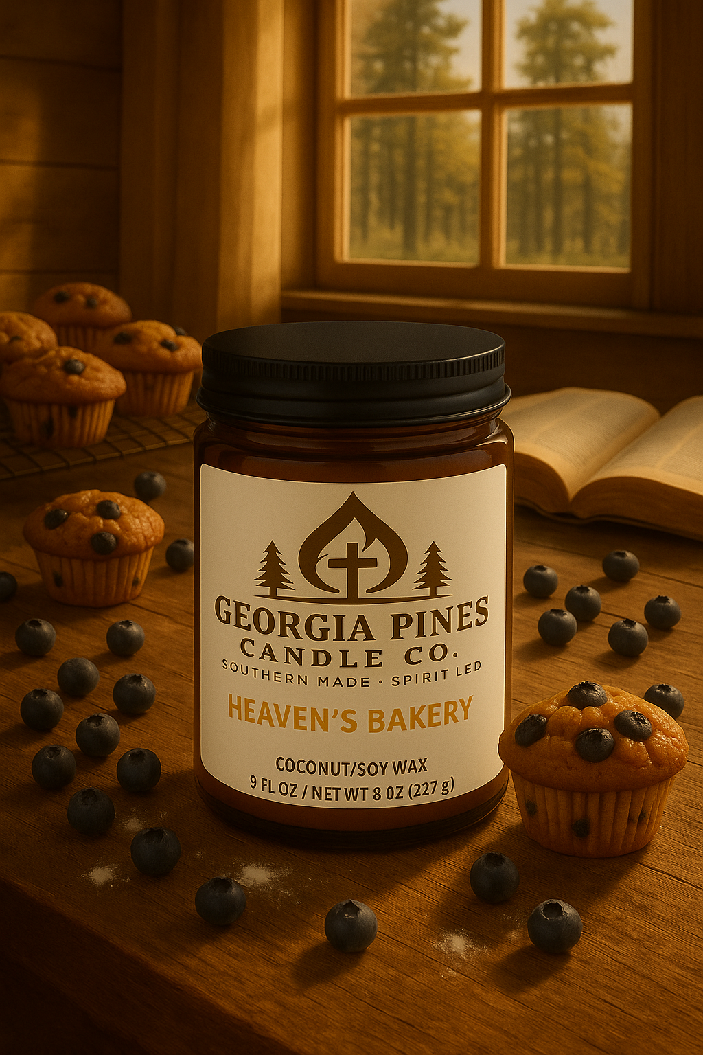 Heaven's Bakery blueberry cheesecake candle in amber jar with wood wick, hand-poured by Georgia Pines Candle Co.