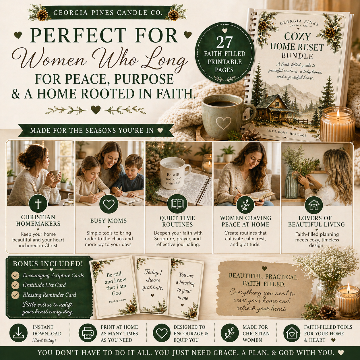 Cozy Home Reset Bundle | Christian Homemaker Planner Printable | Faith Filled Home Management Workbook | 27 Page Digital Download
