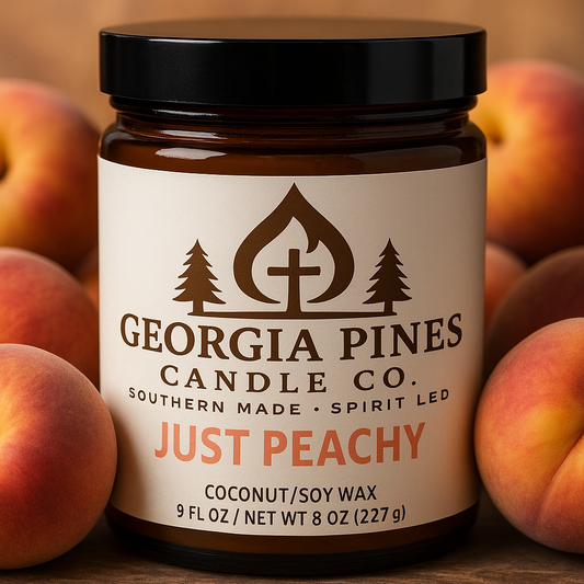 Just Peachy peach scented candle in amber jar with wood wick, hand-poured by Georgia Pines Candle Co., Southern Made Spirit Led.