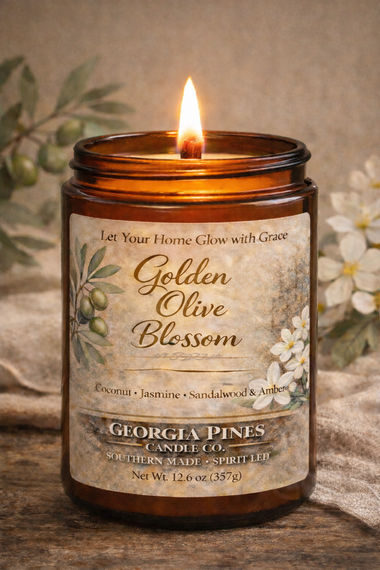 Candle with 'Golden Olive Blossom' label on a wooden surface with flowers and leaves in the background