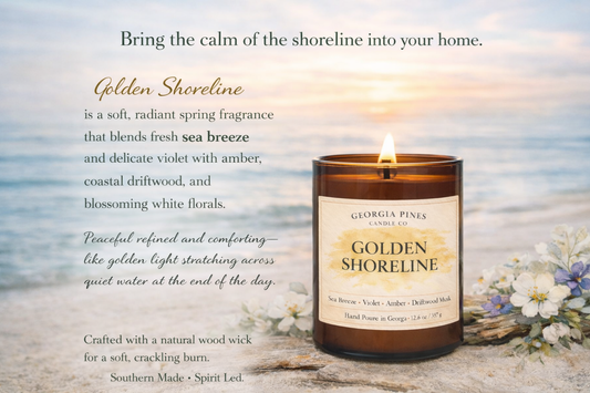 Candle with 'Golden Shoreline' description on a beach background