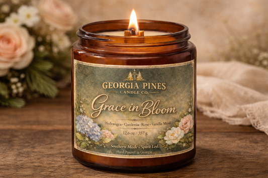 Georgia Pines Candle Co. candle with floral label on a wooden surface with flowers in the background