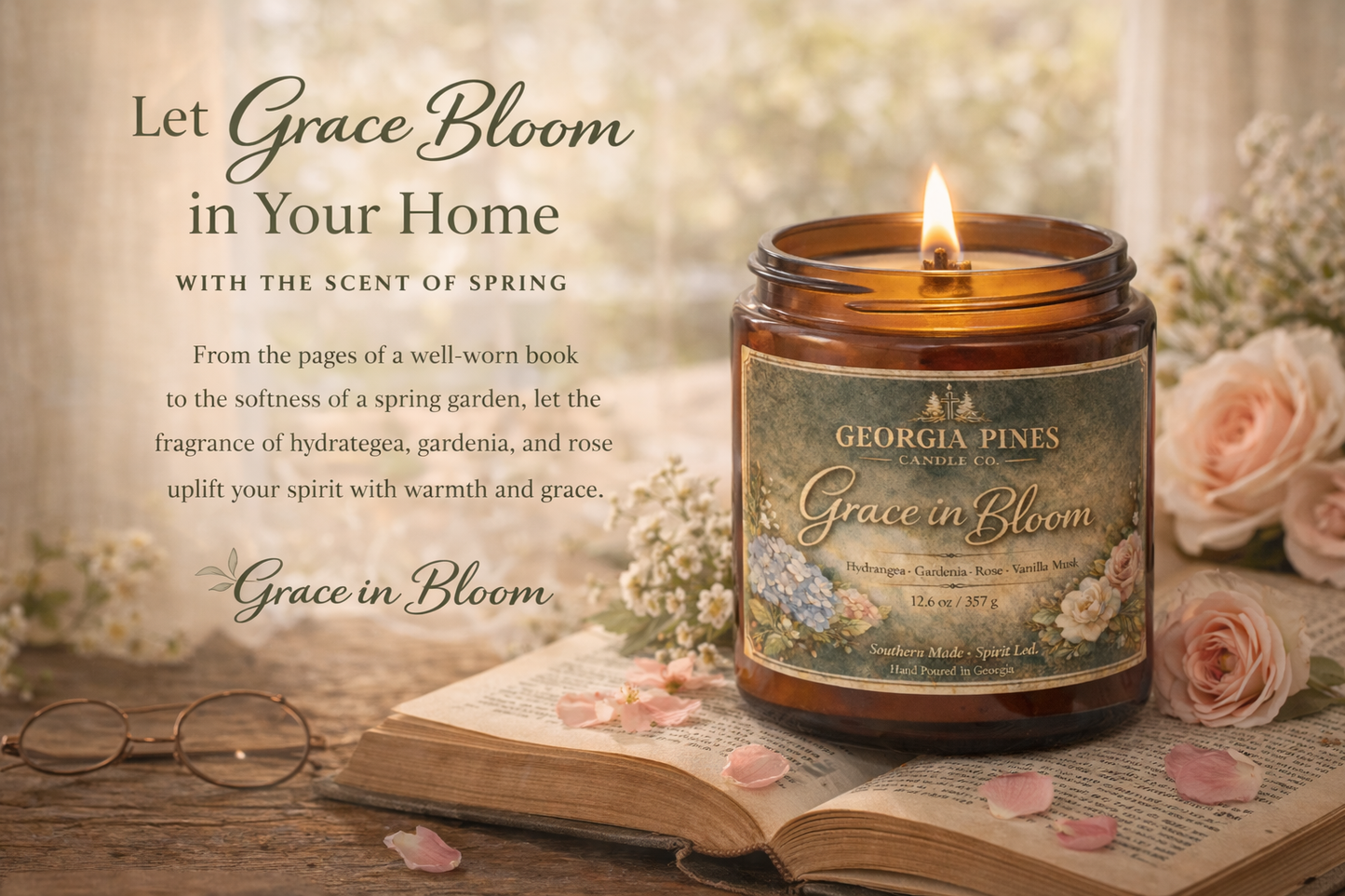 Candle jar labeled 'Grace in Bloom' on an open book with flowers and glasses, featuring text about the scent of spring.