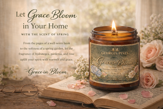 Candle jar labeled 'Grace in Bloom' on an open book with flowers and glasses, featuring text about the scent of spring.