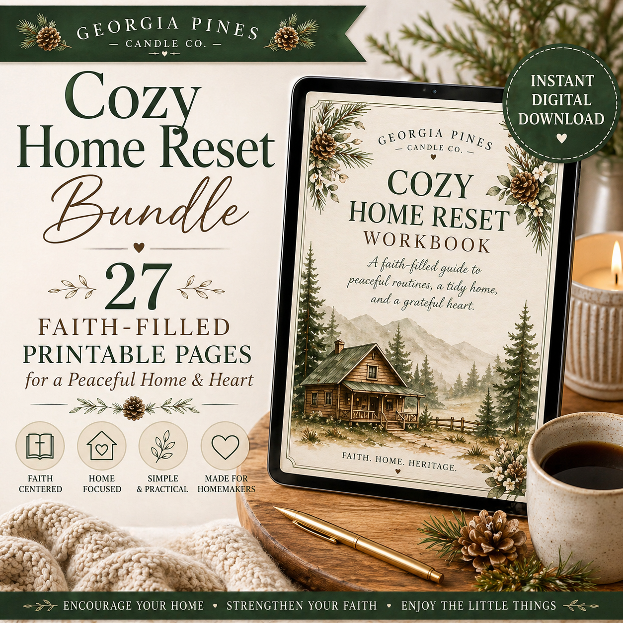 Cozy Home Reset Bundle | Christian Homemaker Planner Printable | Faith Filled Home Management Workbook | 27 Page Digital Download