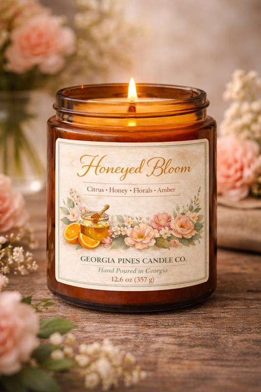 Candle labeled 'Honeyed Bloom' from Georgia Pines Candle Co. on a wooden surface with flowers in the background.