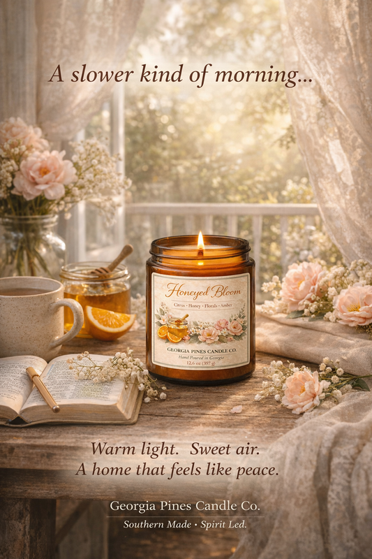 Candle on a table with flowers, tea, and an open book in a cozy setting.