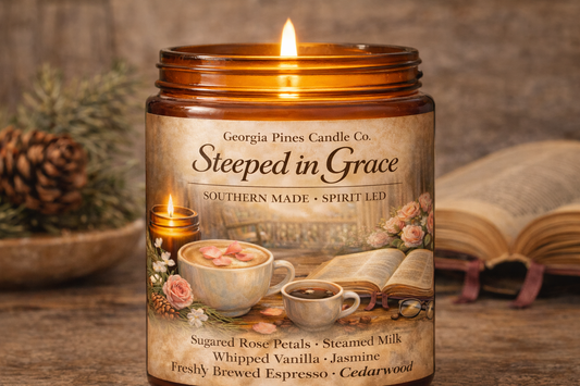 Steeped in Grace candle in amber jar with wood wick glowing on rustic wooden table beside coffee, open Bible, and roses creating a warm cozy Christian home atmosphere