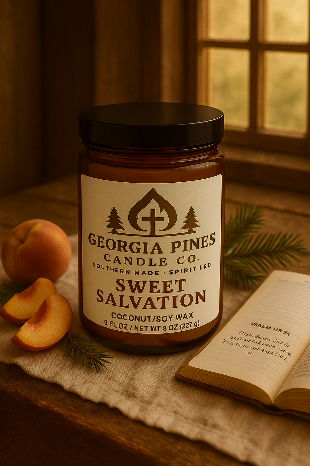 Sweet Salvation peach scented candle in amber jar with wood wick, hand-poured by Georgia Pines Candle Co., Southern Made Spirit Led.