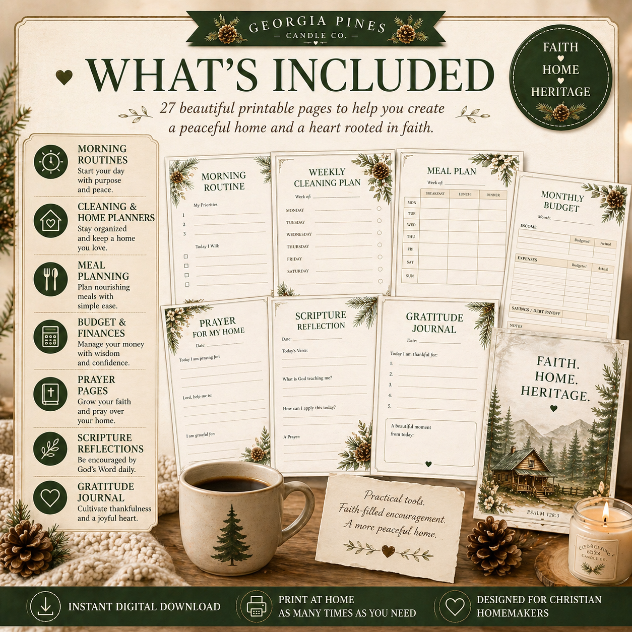 Cozy Home Reset Bundle | Christian Homemaker Planner Printable | Faith Filled Home Management Workbook | 27 Page Digital Download