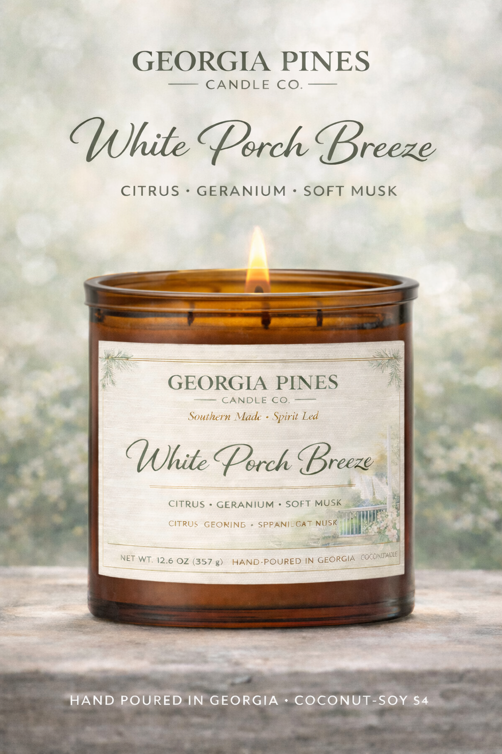 Georgia Pines candle labeled 'White Porch Breeze' on a wooden surface with a blurred background.