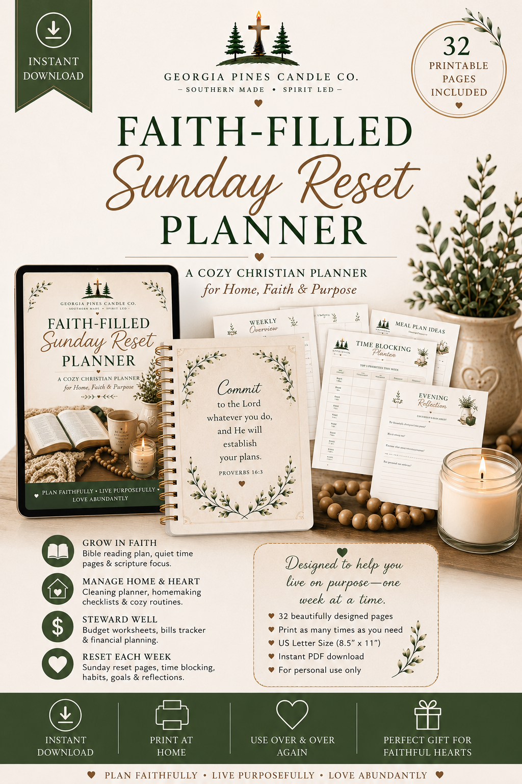 Faith-Filled Sunday Reset Planner | Christian Weekly Planner Printable | Home, Faith & Purpose Organizer