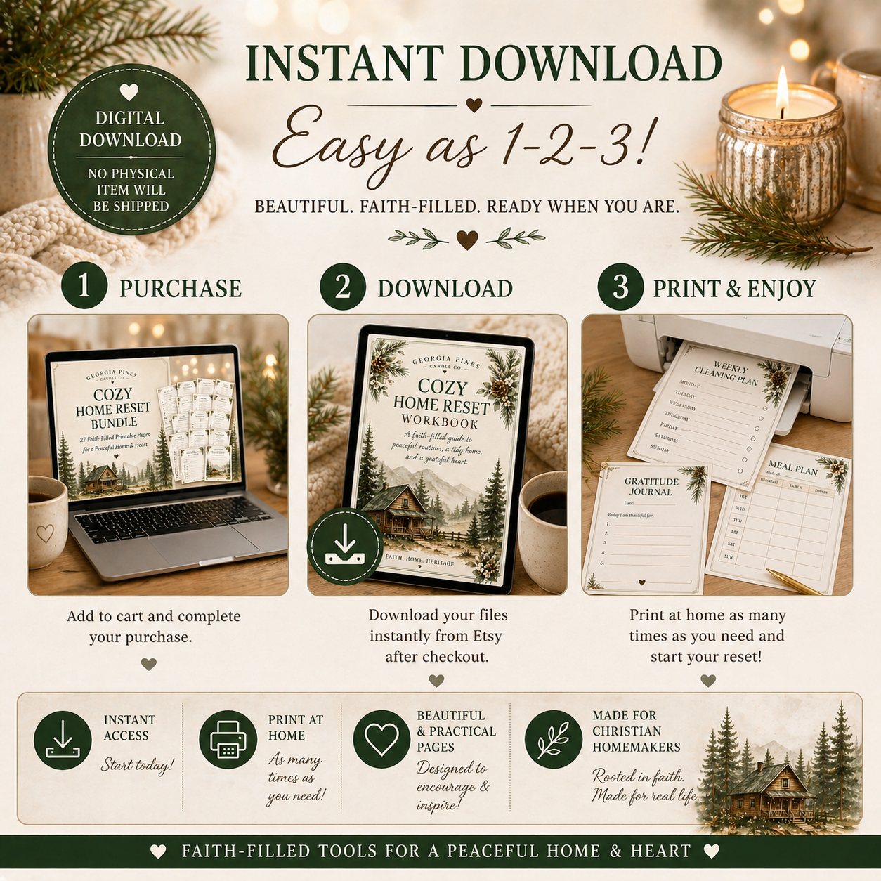Cozy Home Reset Bundle | Christian Homemaker Planner Printable | Faith Filled Home Management Workbook | 27 Page Digital Download