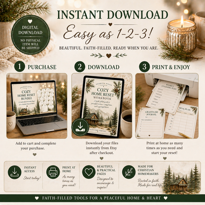 Cozy Home Reset Bundle | Christian Homemaker Planner Printable | Faith Filled Home Management Workbook | 27 Page Digital Download